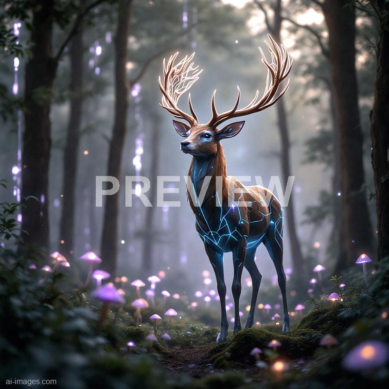 A majestic, mythical stag stands in a misty, enchanted forest illuminated by soft, ethereal light. Its body is a blend of realistic and fantastical elements, with sleek brown fur and luminous blue glowing veins running across its torso and neck, creating a striking contrast. The forest around it is filled with bioluminescent purple mushrooms and floating particles, enhancing the magical and otherworldly atmosphere.